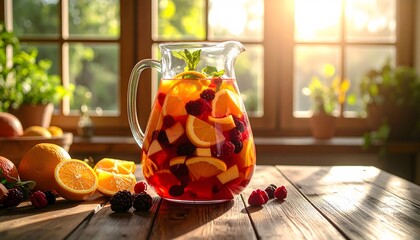 Fresh fruit sangria in a glass pitcher on a wooden table in sunlight