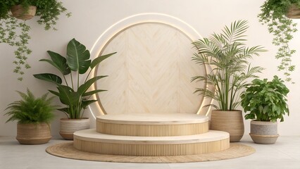 Elegant Nature-Inspired Product Stage with Wooden Arch and Tropical Plants