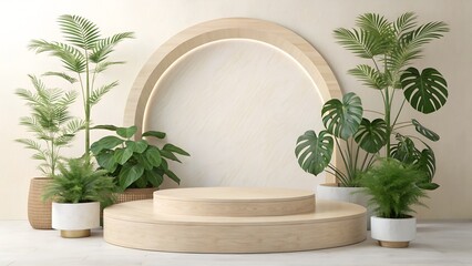 Nature-Inspired Circular Display Podium with Glowing Arch and Lush Greenery