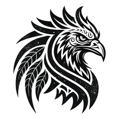 Design a tribal chicken tattoo logo; harsh, grungy ink lines, bold, aggressive style.  Focus on powerful, symbolic imagery.