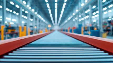 Fototapeta premium Modern Warehouse Interior with Conveyor Belt and Bright Overhead Lighting in a Busy Manufacturing Environment