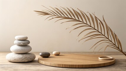 Neutral Toned Product Mockup Stage with Wooden Podium, Zen Stones, and Dried Palm Leaf