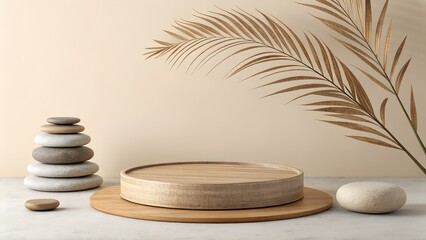 Minimalist Neutral Stage with Layered Wooden Podium and Stacked Zen Stones