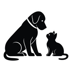 Black Silhouette of a Labrador Dog and a Kitten Sitting Facing Each Other on a White Background Simple Pet Graphic Design Illustration