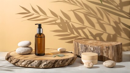 Natural Cosmetic Product Display on Wooden Log with Zen Stones and Shadows