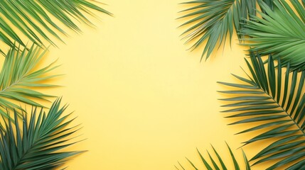 Lat-lay composition of green palm leaves on vibrant yellow background with copy space, top view tropical nature design ideal for summer vacation, travel concepts, beach lifestyle themes, and seasonal 