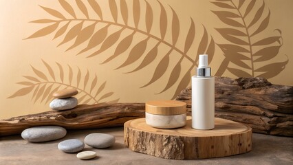 Serene Product Mockup with Natural Wood Slice, Driftwood, and Cosmetic Products