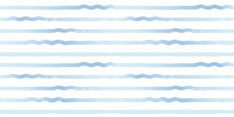 Wave stripes seamless pattern. Hand drawn wavy water lines vector print, textured paint lines with waves, blue watercolor background