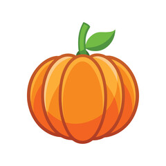 Simple flat design orange pumpkin with green stem and leaf isolated on white