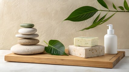 Natural Spa Products Display on Wooden Platform with Zen Stones