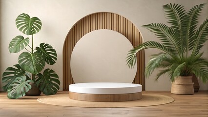 Earth Tone Stage Design with Circular Podium and Tropical Plants