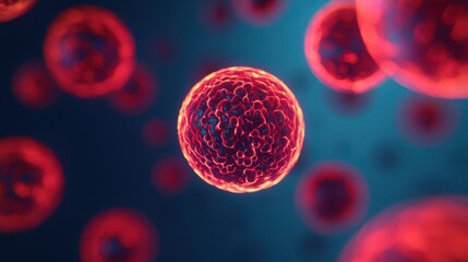 Close-Up View of Red Virus Cells Floating in Blue Background, Illustrating Infectious Disease or Medical Concept