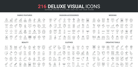 Fabric feature, fashion accessory and clothes, cosmetics for beauty and hygiene line icon set. Creative design tool, herbal aroma spa and bath, wedding thin black outline symbols vector illustration