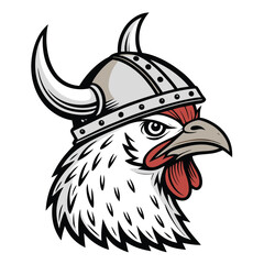 A roasted chicken, meticulously detailed, wearing a miniature horned Viking helmet, showcasing a rough, textured skin.