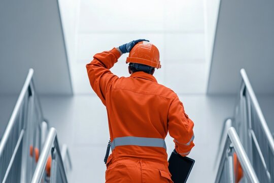 Engineer in hard hat using digital tablet in high-tech industrial factory. Focused male technician monitoring production process in modern automated manufacturing environment. Copy space. Banner