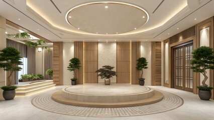 Grand Entrance Lobby Design with Circular Stage and Natural Wood Accents