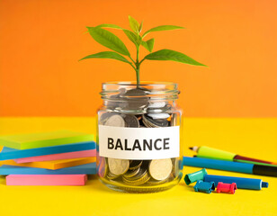 Budgeting for Life Balance: Savings Jar with Plant Growing Inside