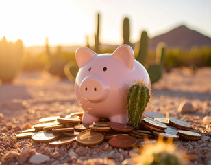 Vibrant Piggy Bank Surrounded by Colorful Cacti and Coins in Desert