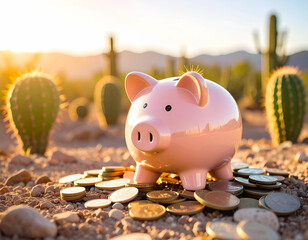 Vibrant Pink Cactus Piggy Bank Surrounded by Colorful Desert Landscape