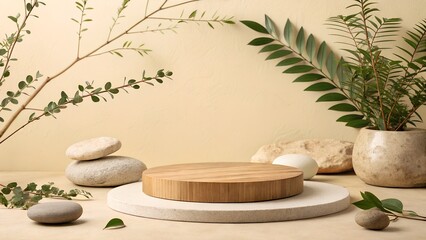 Flat Lay Wood and Stone Product Podium Mockup with Natural Greenery