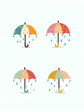 Cartoon colorful umbrella illustration 4 set design with playful icon style ideal for rain protection accessory forecast visuals children graphics and travel themed print or digital use