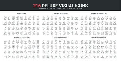 Time management, leadership and business project process monitoring, workplace culture line icon set. HR development, customer support service in chat thin black outline symbols vector illustration