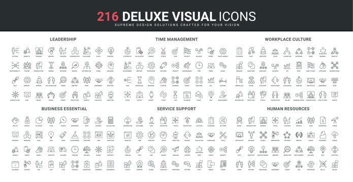 Time management, leadership and business project process monitoring, workplace culture line icon set. HR development, customer support service in chat thin black outline symbols vector illustration