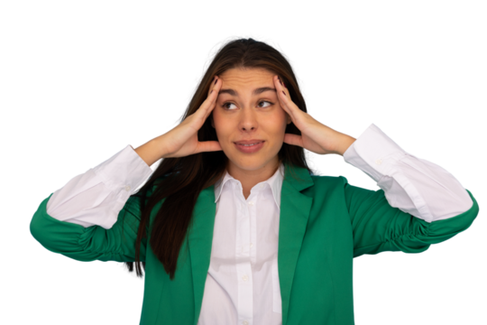 Young businesswoman with hands on her head, experiencing a headache and stress, set against a transparent background