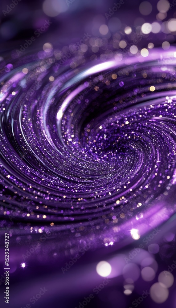 Poster abstract purple swirling background with sparkling particles, bokeh effect, and depth of field