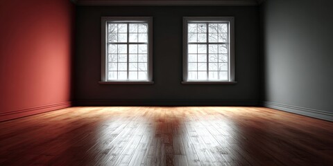 Serene interior with wooden floors, soft light through mullioned windows, showcasing minimalism.