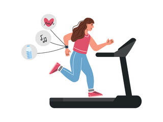 Woman on a treadmill with a fitness bracelet. Vector of the concept of doing sports, losing weight