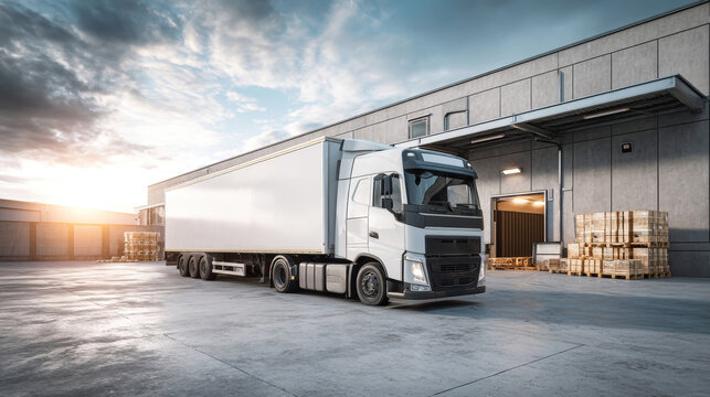 Cargo truck parked for loading with goods against a cloudy blue sky in an industrial warehouse setting