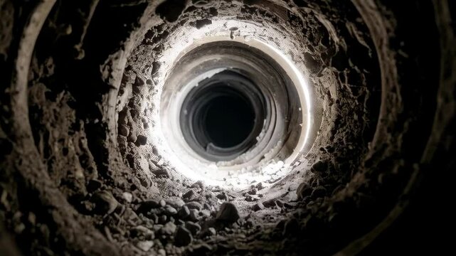 Looking down inside a dark, subterranean circular stone or concrete shaft with bright light at end, rocks scattered inside.