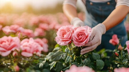 Hands Gently Picking Fresh Pink Roses In a Flower Field During Sunny Day