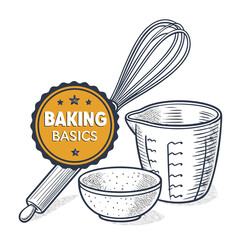Close-up of a whisk, bowl, and measuring cup filled with baking ingredients like flour, sugar, and eggs, ready for baking.