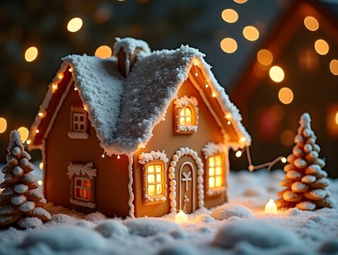 Gingerbread House in Snow with Christmas Lights Festive Holiday Scene
