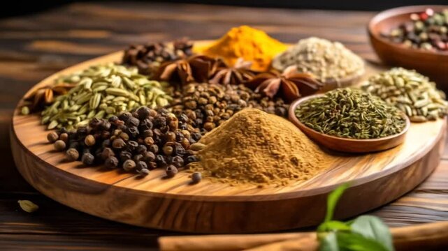 Assorted Spices On Wooden Round Board