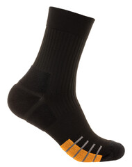 A single black athletic sock designed for comfort and durability with reinforced heel and toe, featuring orange accent on the cushioned sole