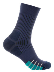 A single blue athletic sock designed for comfort and durability with reinforced heel and toe, featuring accent on the cushioned sole