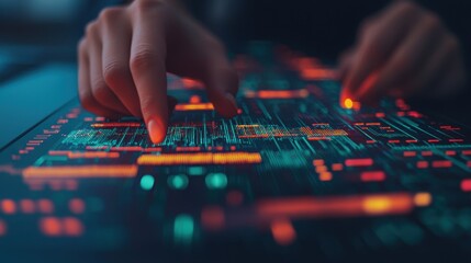 Naklejka premium Futuristic Digital Interface with Hands Touching Colorful Data Visualizations in a High-Tech Environment