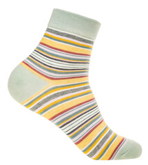 A single ankle-length sock featuring a vibrant striped pattern in multiple colors with mint green accents on the cuff, heel, and toe, displayed on foot mannequin isolated