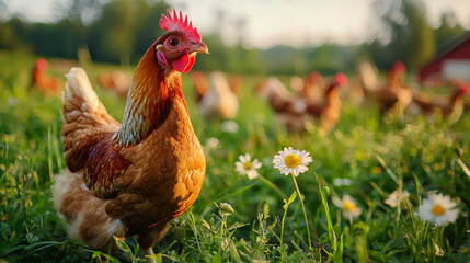 farmer nurtures free-range chickens in a sustainable, nature-friendly farming environment