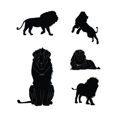 A detailed black lion silhouette set featuring roaring, walking, sitting, and standing poses. Ideal for wildlife designs, safari art, educational use, and jungle animal vector project