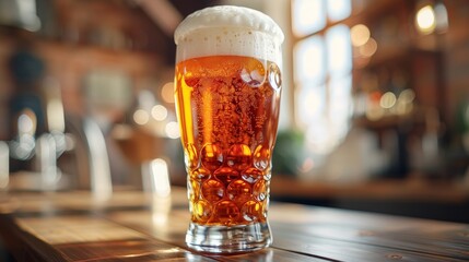 A refreshing glass of craft beer, perfectly chilled and foamy, rests on a rustic wooden table, inviting beer enthusiasts to unwind and savor the flavors of brewed perfection.