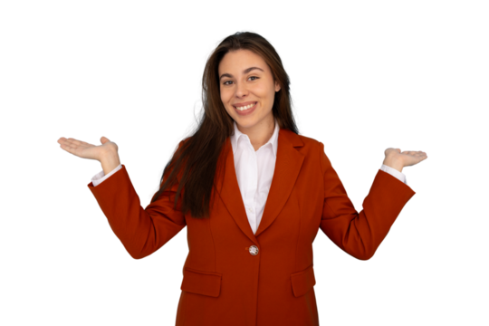 Studio shot of a businesswoman wearing an orange suit over a white shirt, gesturing with open hands and smiling on a transparent background