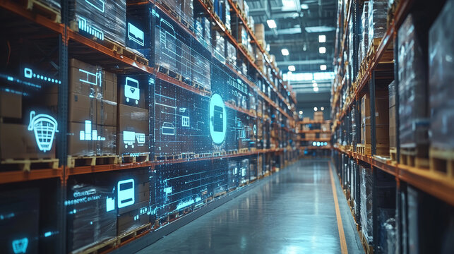 Smart logistics, Futuristic digital warehouse using augmented reality, Modern high tech innovative warehouse logistics displayed, E-commerce and delivery concept