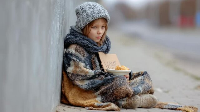 Young boy sitting with a cardboard sign and bowl of food on the street. Homeless child asking for help, cold weather, poverty concept.