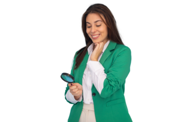 Smiling businesswoman using magnifying glass and looking at something interesting, isolated on transparent background