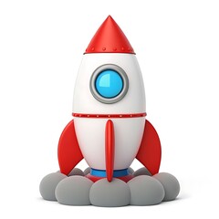 A cartoon-style rocket ship poised for launch, resting on a cloud-like base, against a white background
