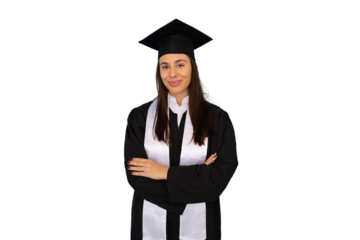 Young woman wearing graduation gown and cap, smiling with crossed arms, celebrating academic achievement on a transparent background
